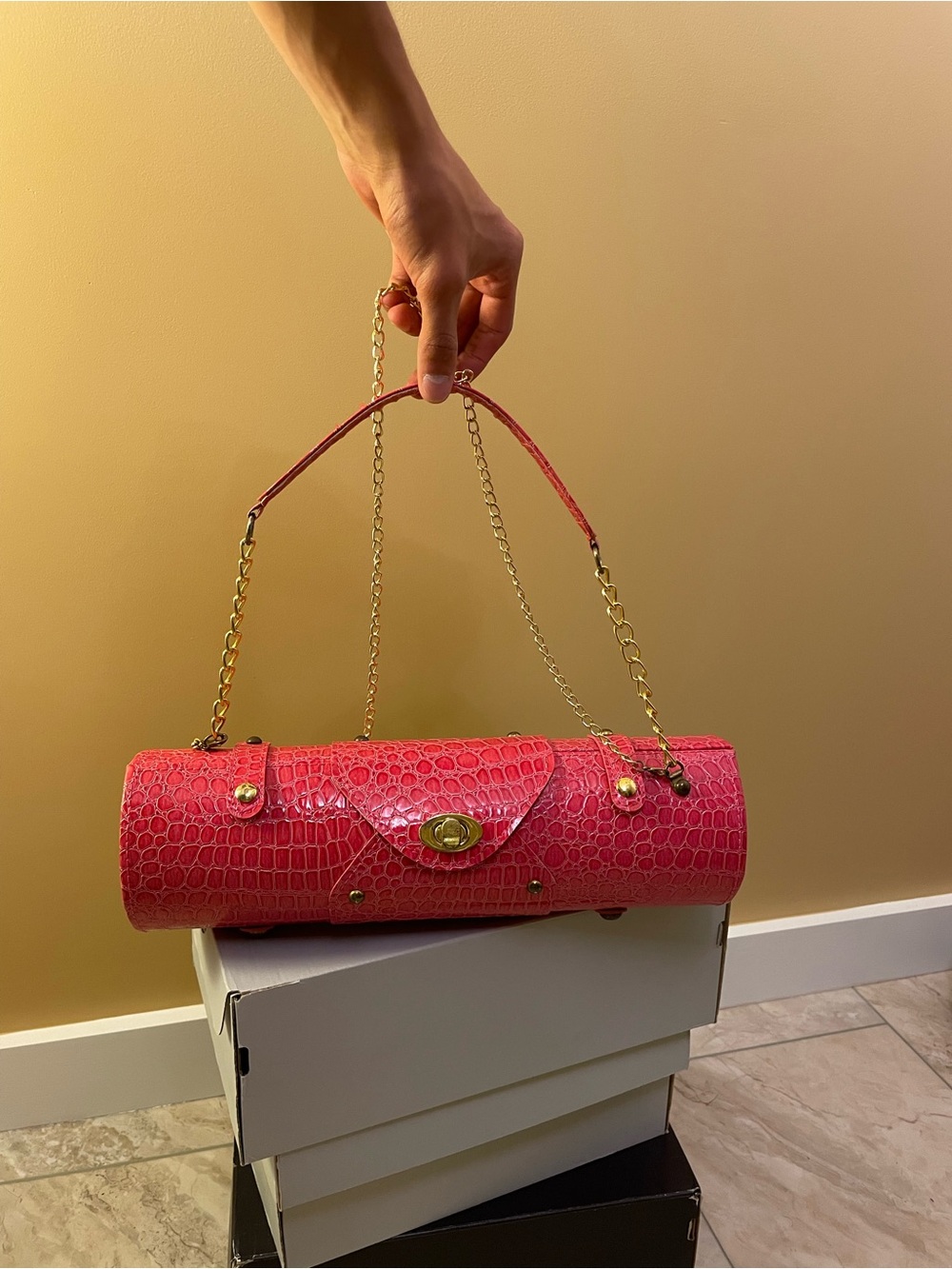Pink Croc-Textured Cylinder Shoulder Bag with Gold Hardware
